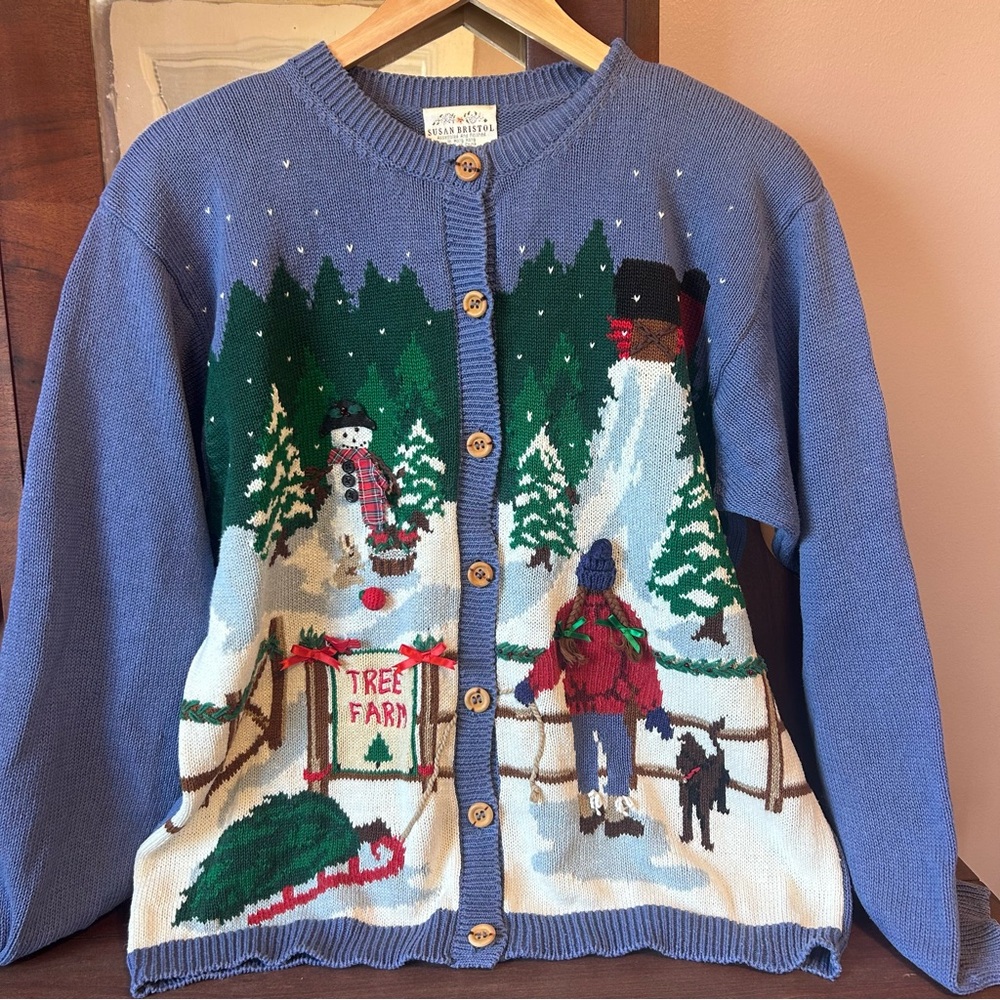 VTG 1996 Susan Bristol 'Tree Farm' Holiday/Winter Cardigan Sweater: Size XL